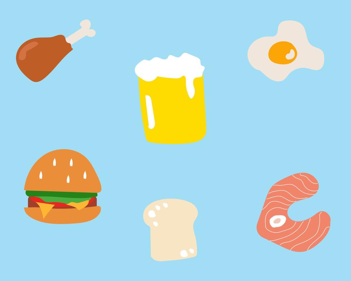 lindo y kawaii vector de dibujos animados de hamburguesa, cerveza, pescado, pan, huevo frito, pollo frito sobre fondo de color brillante para su diseño.