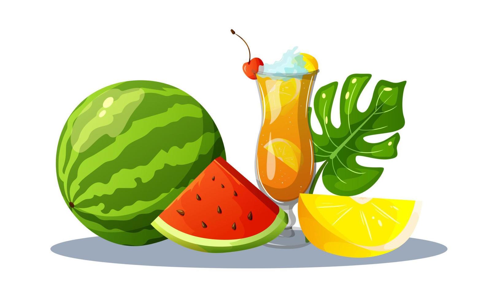 Still life from summer bright eida. Watermelon, lemon wedge, refreshing cocktail and tropical leaf. vector