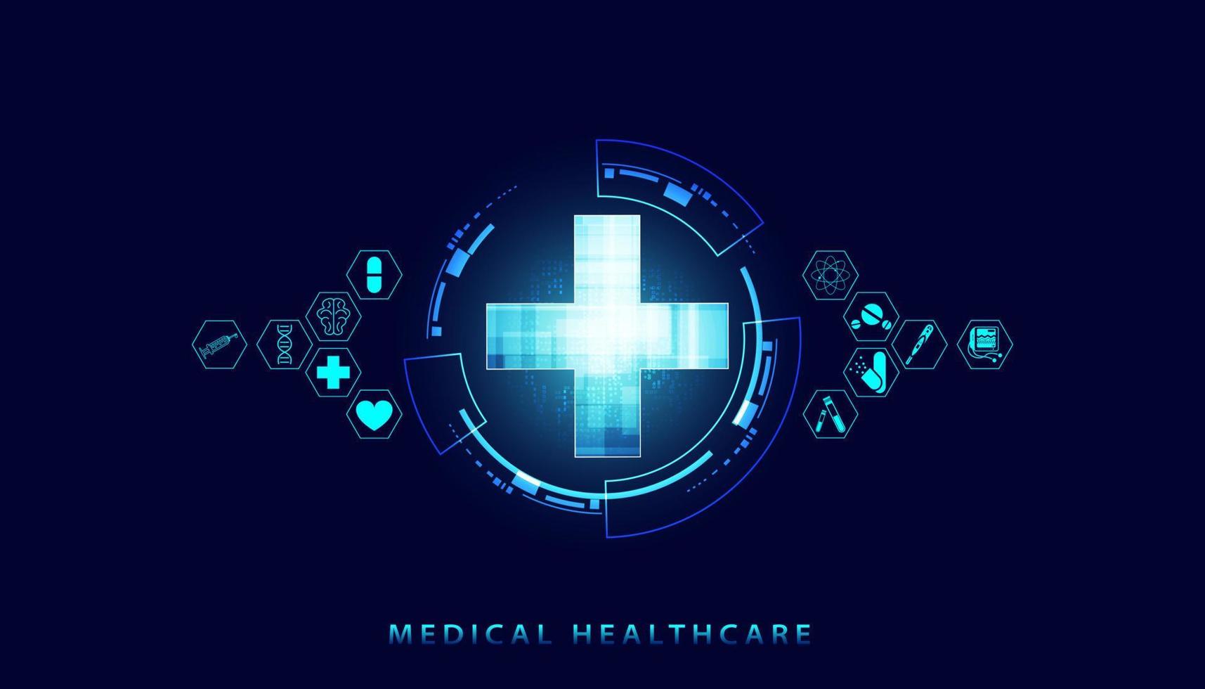 la ciencia de la salud abstracta consiste en salud más iconos de círculo concepto de tecnología digital médico moderno sobre fondo azul futuro de alta tecnología. vector