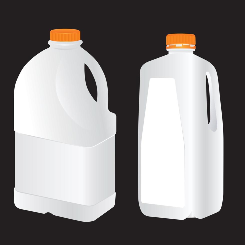 la botella blanca realista de la maqueta contiene una etiqueta en blanco del recipiente de bidón de envases de galones de plástico con un producto de tapa de cierre naranja para leche, alcohol, bebidas, aceite, agua, absterges de detergente limpiador. vector