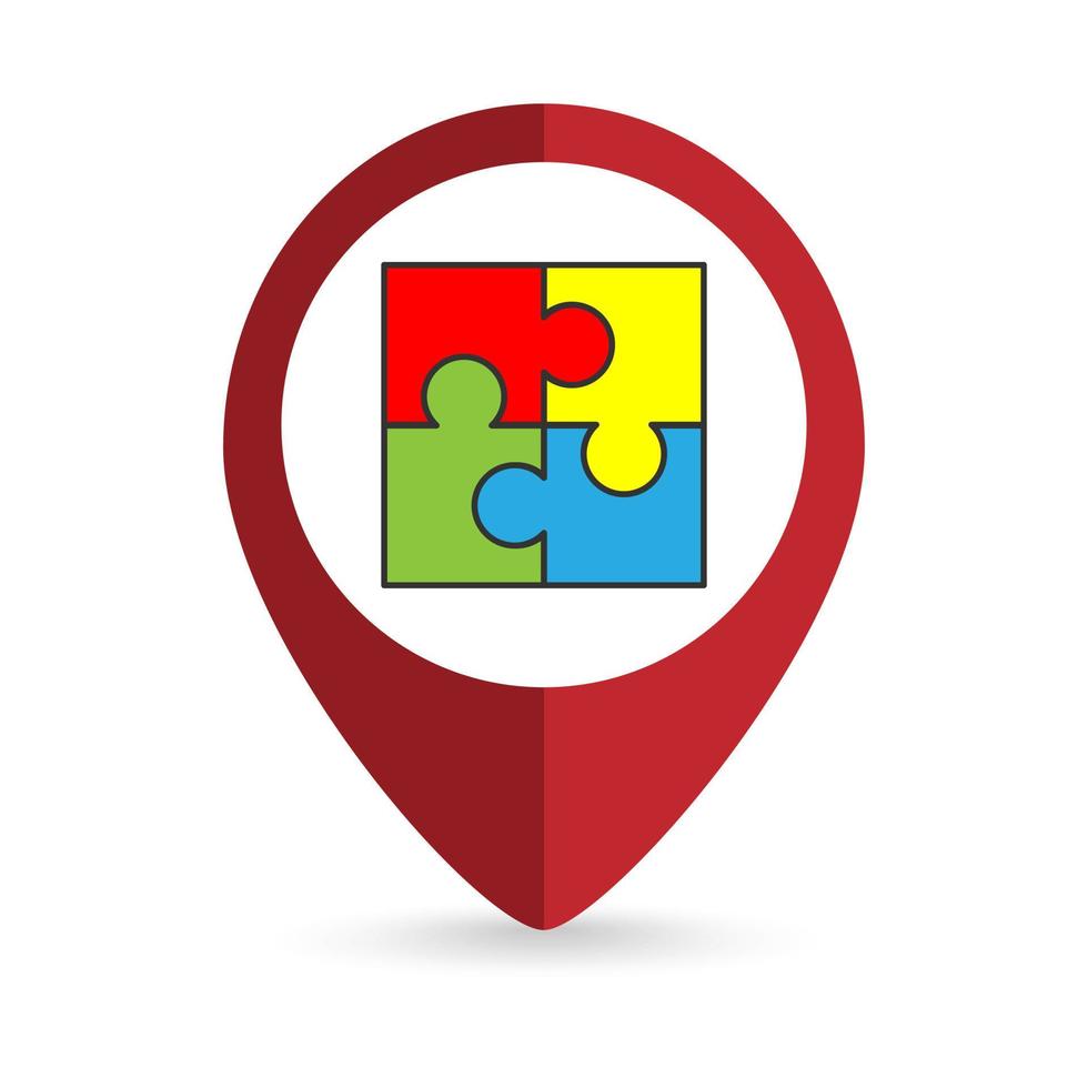 Map pointer with puzzle icon. Vector illustration.