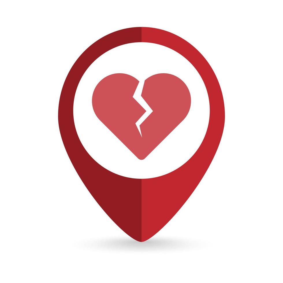 Map pointer with broken heart icon. Vector illustration.