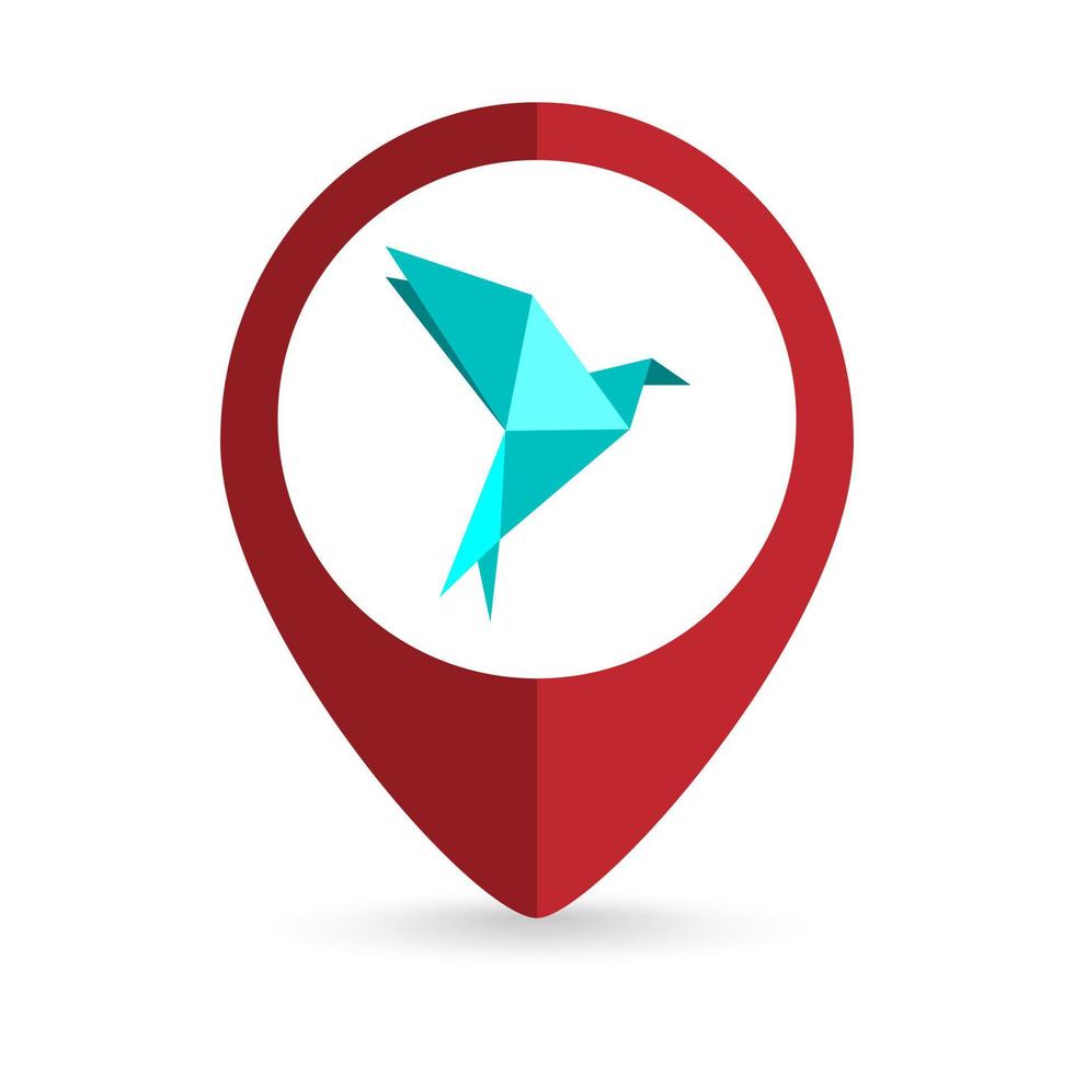 Map pointer with Blue Origami bird. Vector illustration.