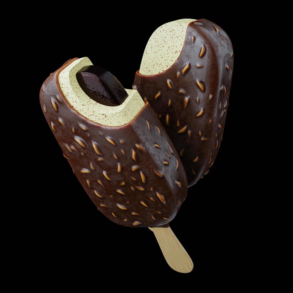 Helado de vainilla cubierto de chocolate con relleno de chocolate. comida popular con sabor dulce para el caluroso verano. representación 3d foto