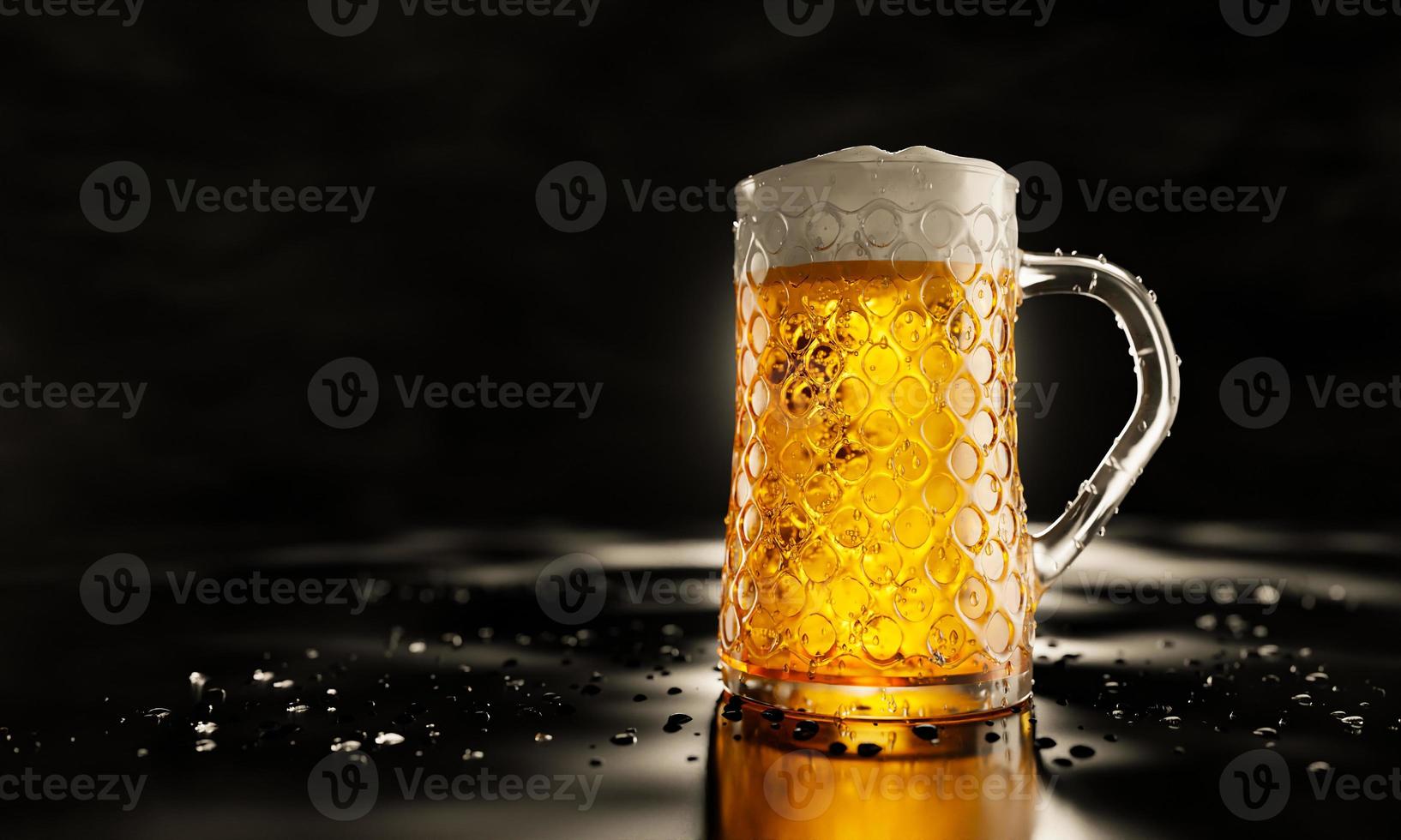 Draft or craft beer in a tall clear glass. With cold steam, White beer foam was placed on reflective floor. There were water droplets on the floor. One of the most popular alcoholic beverages photo