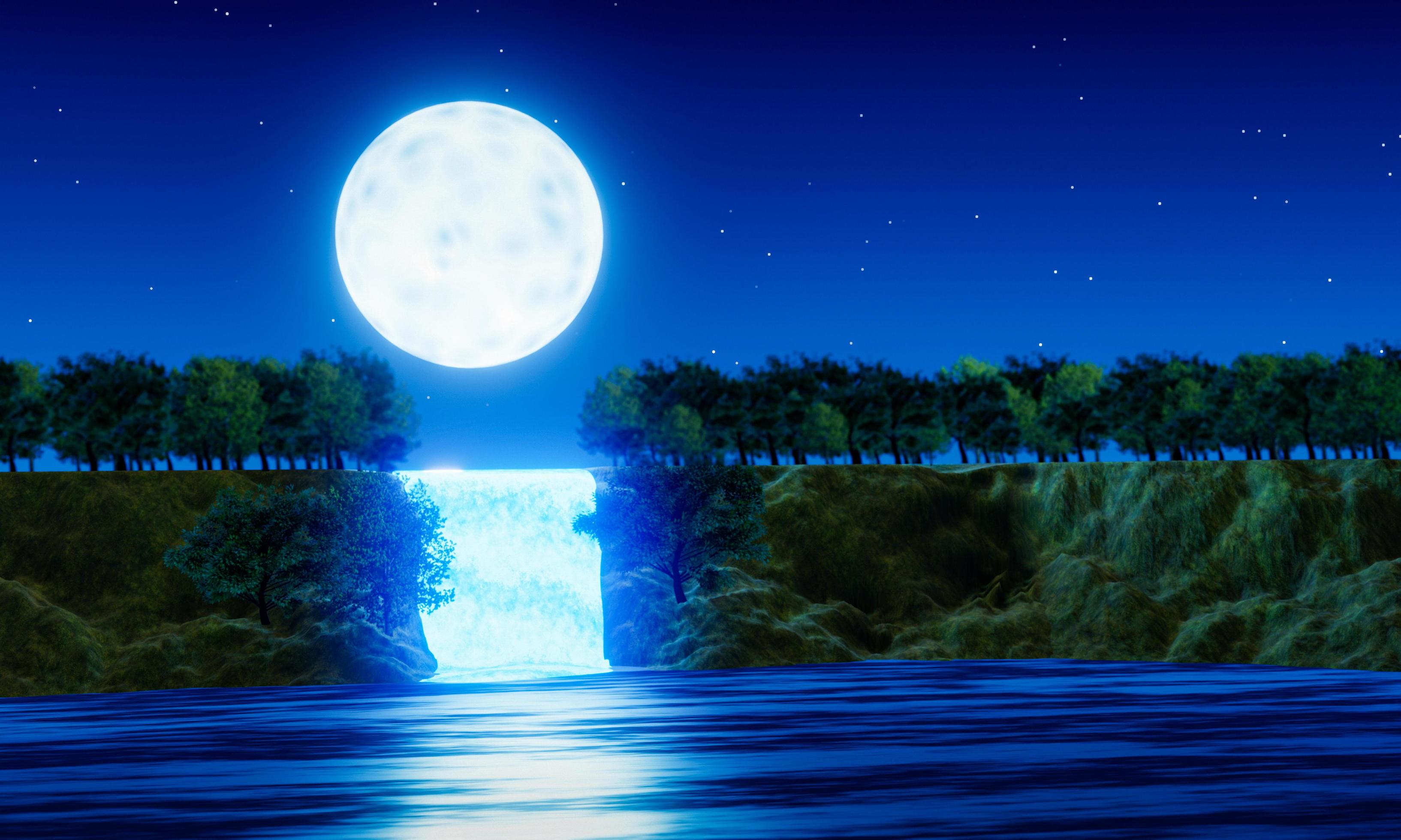 Waterfall cliff. Full moon night. Blue tone. Forest nature. Mountains