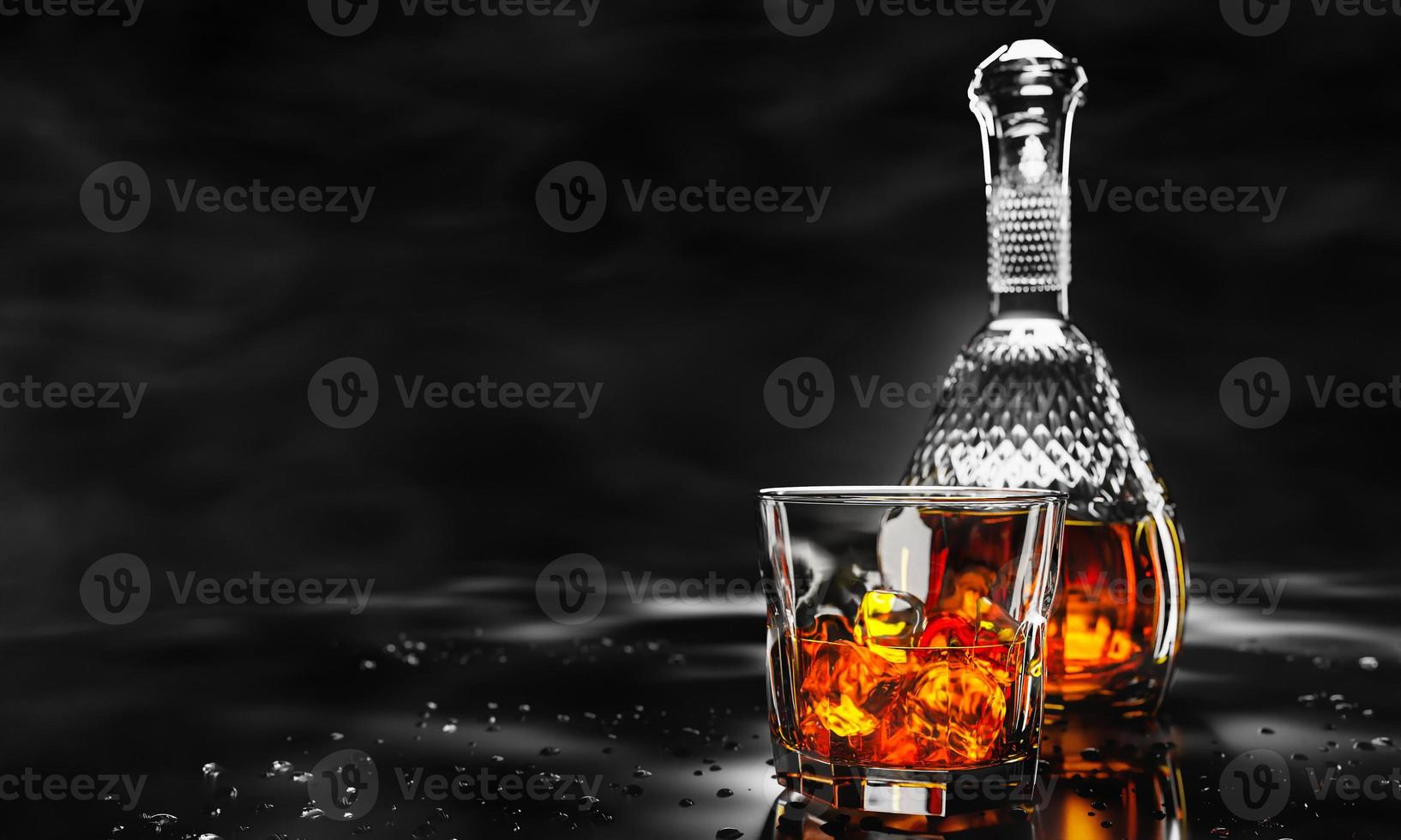 Brandy or whiskey in clear glass with ice cubes. Alcoholic beverages placed on shiny table top with water droplets. Alcohol concept in bar or studio Shot. 3D Rendering photo