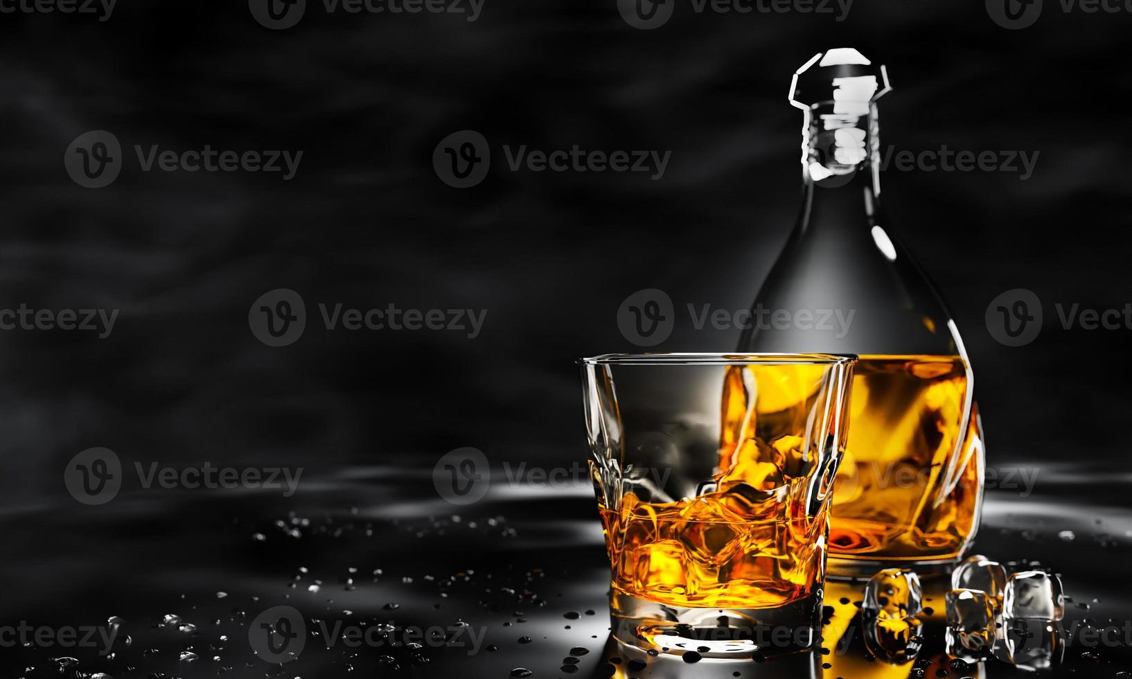 Brandy or whiskey in clear glass with ice cubes. Alcoholic beverages placed on shiny table top with water droplets. Alcohol concept in bar or studio Shot. 3D Rendering photo