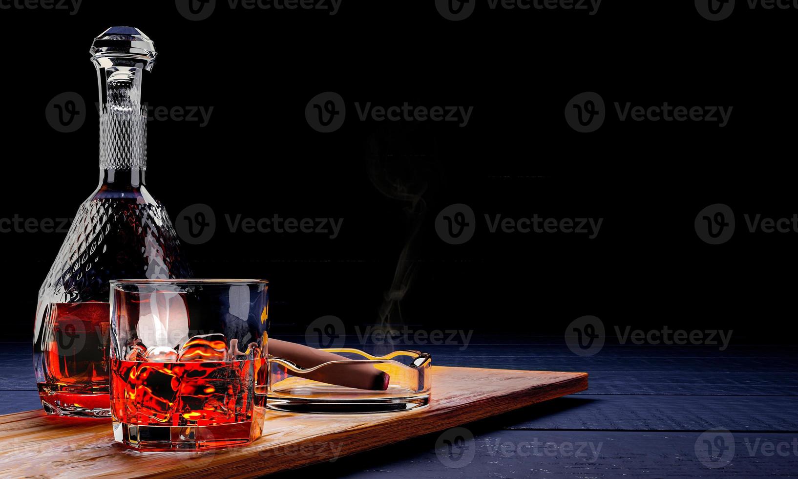 brandy o whisky en un vaso transparente con cubitos de hielo. bebidas alcohólicas colocadas en posavasos de madera. concepto de bebida de bar cigarrillos o cigarros colocados en el cenicero. representación 3d foto