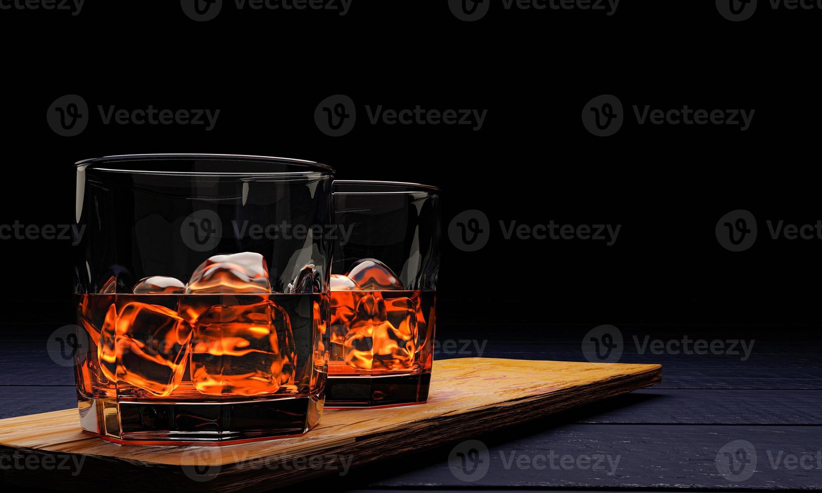 brandy o whisky en un vaso transparente con cubitos de hielo. bebidas alcohólicas colocadas en posavasos de madera. concepto de bebida de bar. representación 3d foto