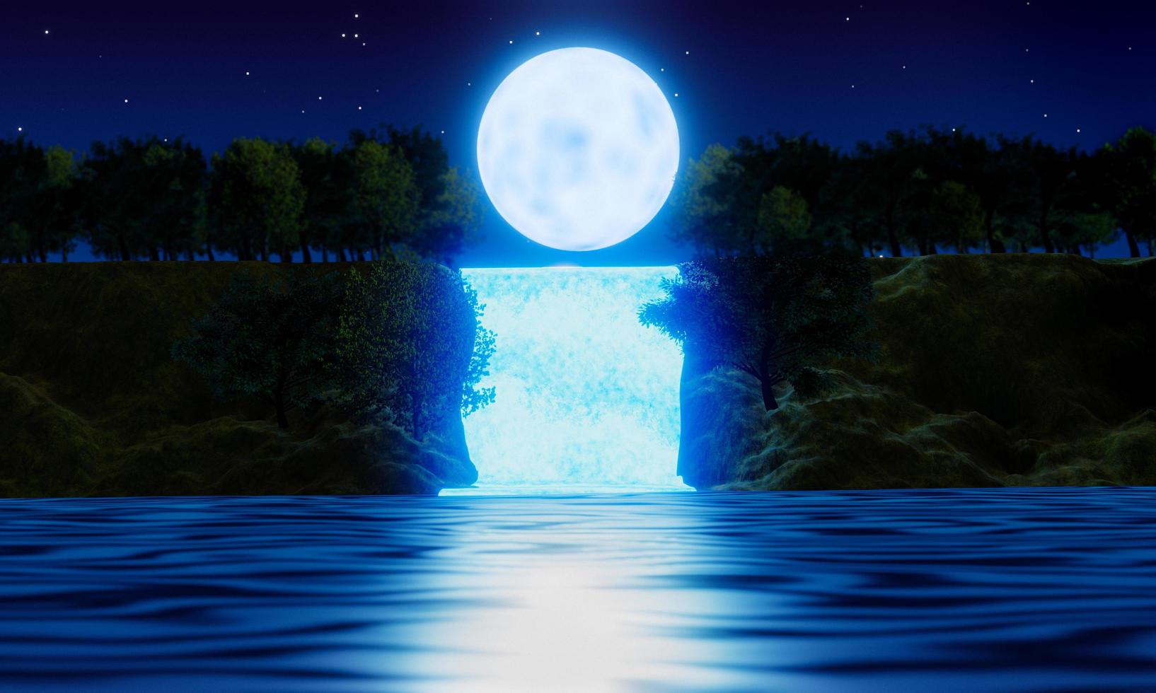 acantilado de la cascada. noche de luna llena. tono azul naturaleza del bosque. montañas y cascadas. brillando en la noche. estilo de fantasia representación 3d foto