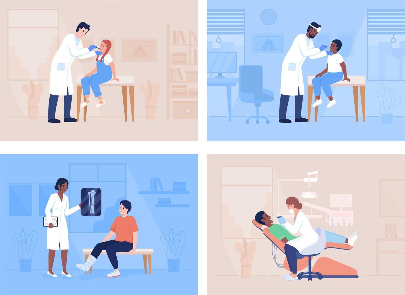 Visiting hospital for examination flat color vector illustrations set