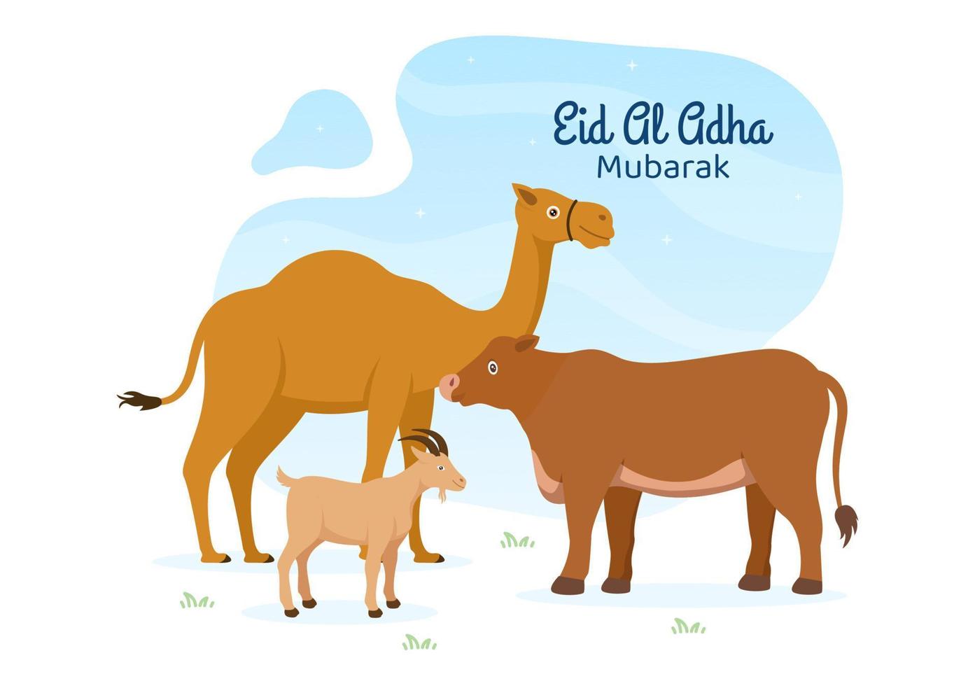 ilustración de dibujos animados de fondo de eid al adha para la celebración de los musulmanes con el sacrificio de un animal como vaca, cabra o camello y compartirlo vector