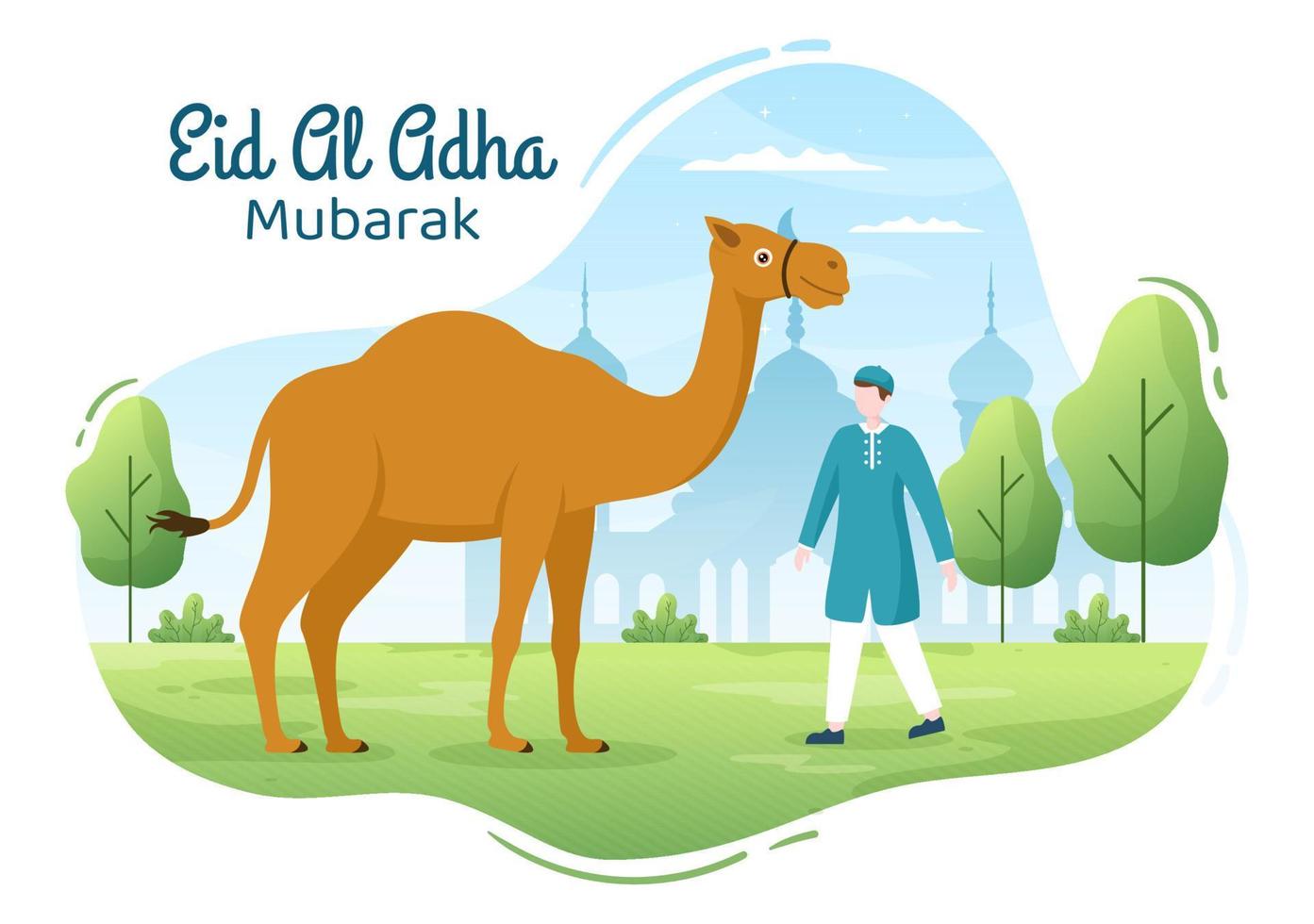 ilustración de dibujos animados de fondo de eid al adha para la celebración de los musulmanes con el sacrificio de un animal como vaca, cabra o camello y compartirlo vector