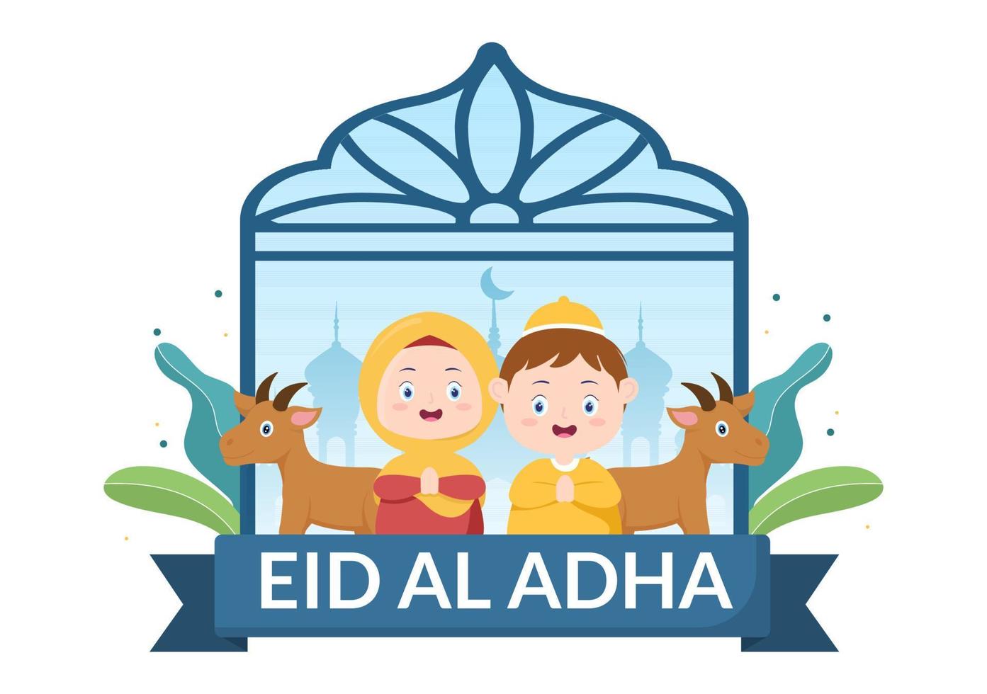 ilustración de dibujos animados de fondo de eid al adha para la celebración de los musulmanes con el sacrificio de un animal como vaca, cabra o camello y compartirlo vector