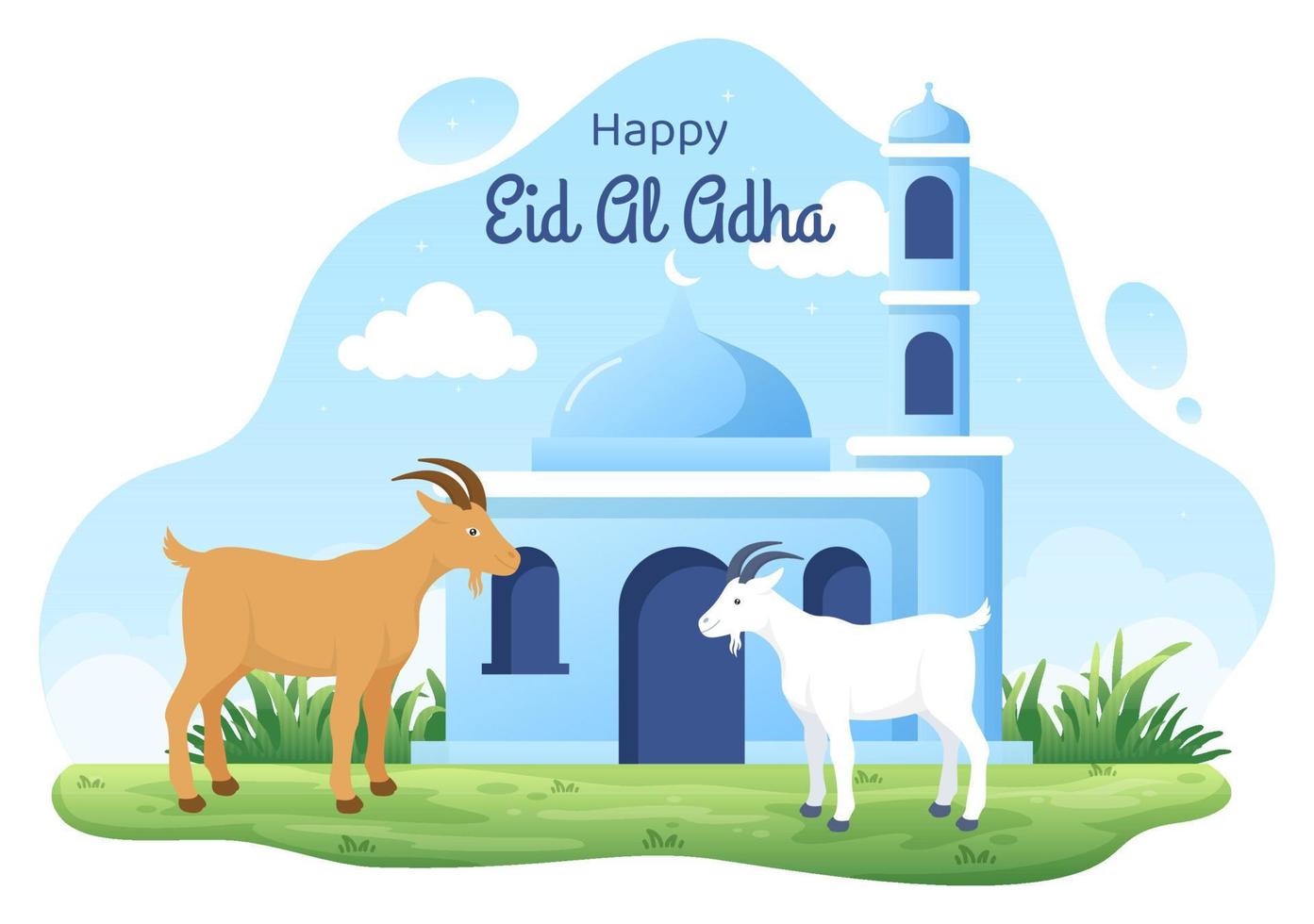 ilustración de dibujos animados de fondo de eid al adha para la celebración de los musulmanes con el sacrificio de un animal como vaca, cabra o camello y compartirlo vector