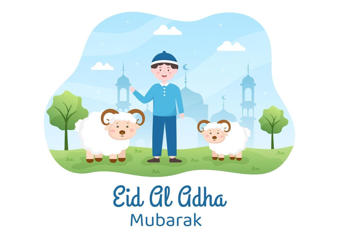 ilustración de dibujos animados de fondo de eid al adha para la celebración de los musulmanes con el sacrificio de un animal como vaca, cabra o camello y compartirlo vector