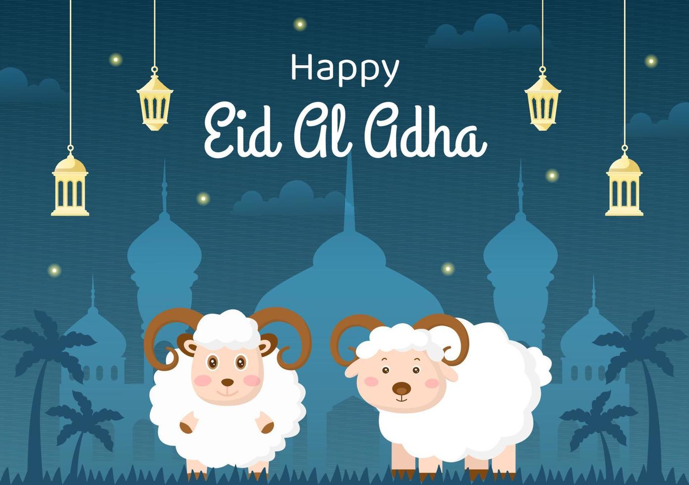 Eid al Adha Background Cartoon Illustration for the Celebration of Muslim with Slaughtering an Animal as a Cow, Goat or Camel and share it vector