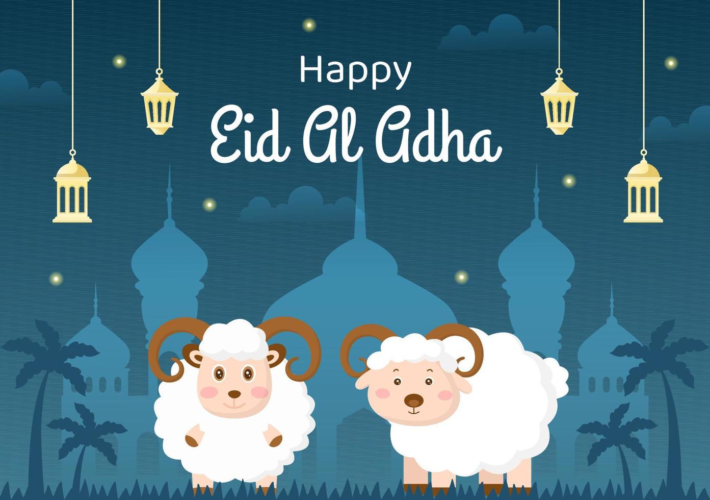 ilustración de dibujos animados de fondo de eid al adha para la celebración de los musulmanes con el sacrificio de un animal como vaca, cabra o camello y compartirlo vector