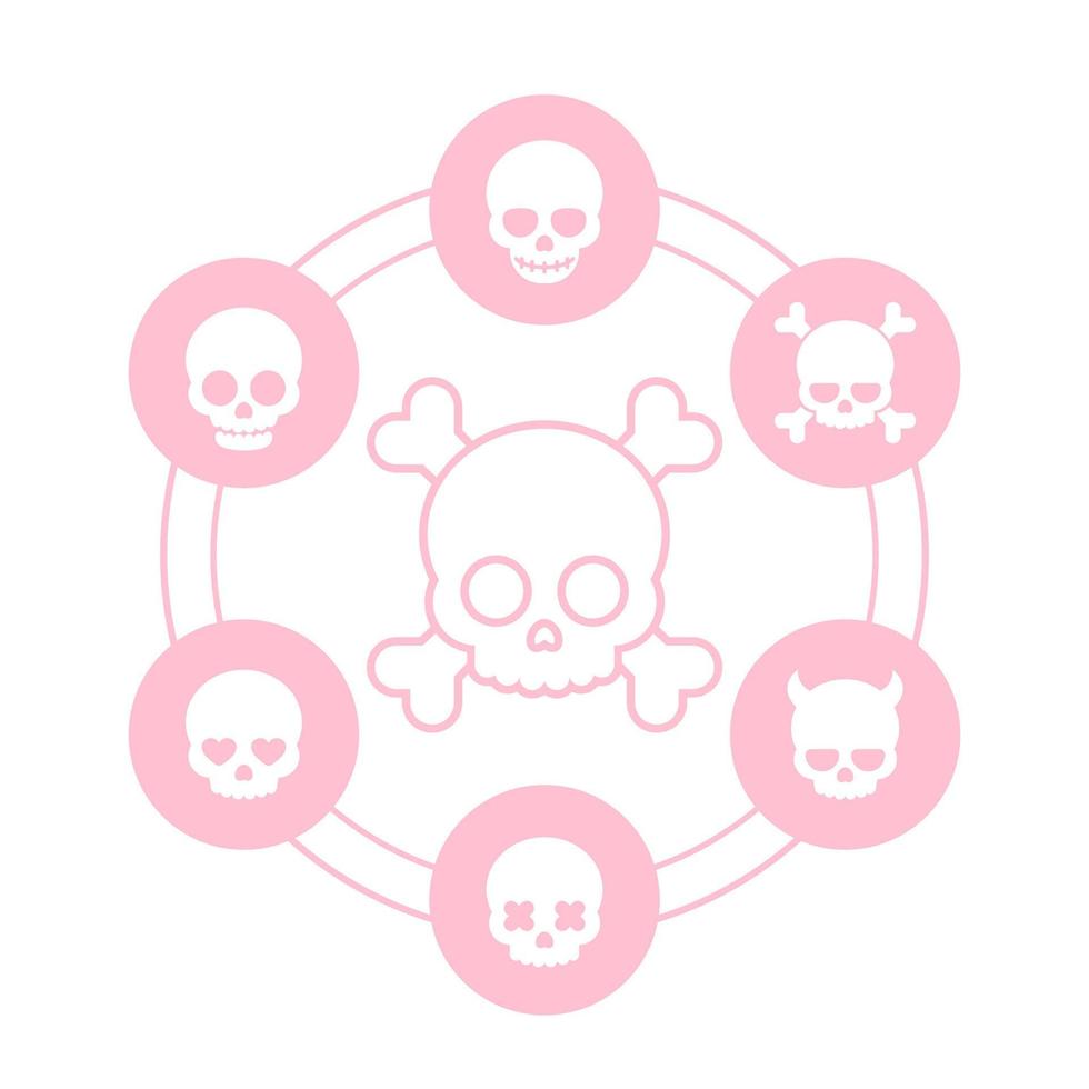 skulls icons, heart-shaped eyes, in love, smiling skull, bones, devil, fiend vector