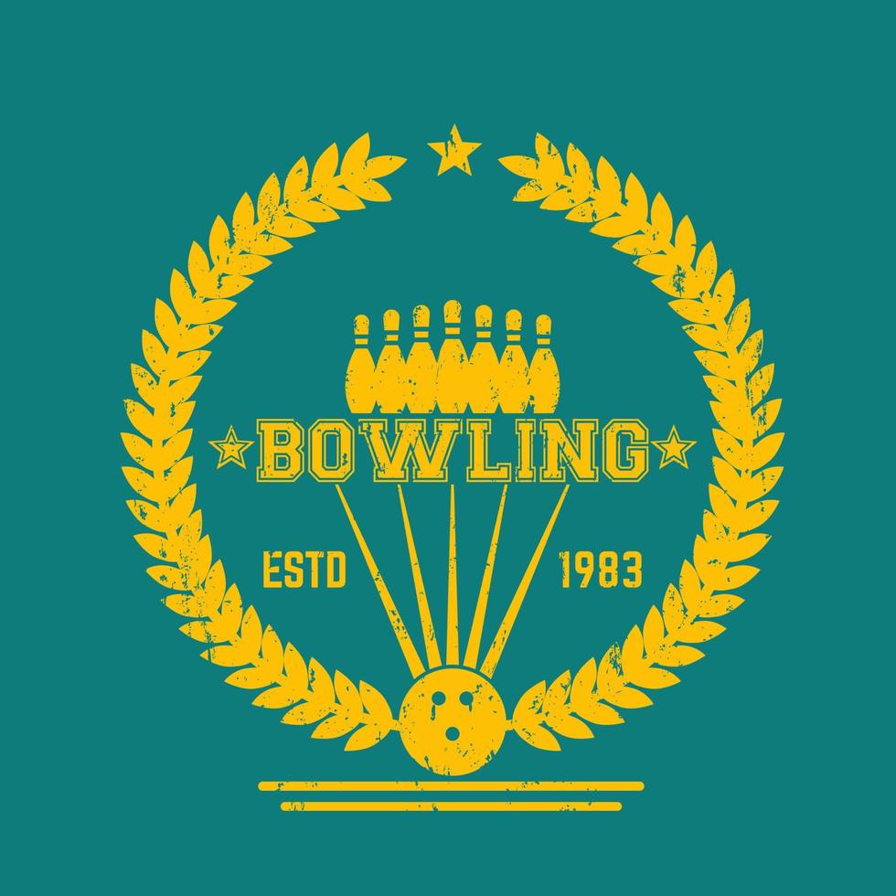 Bowling vintage logo, sign with wreath, yellow on green, vector illustration