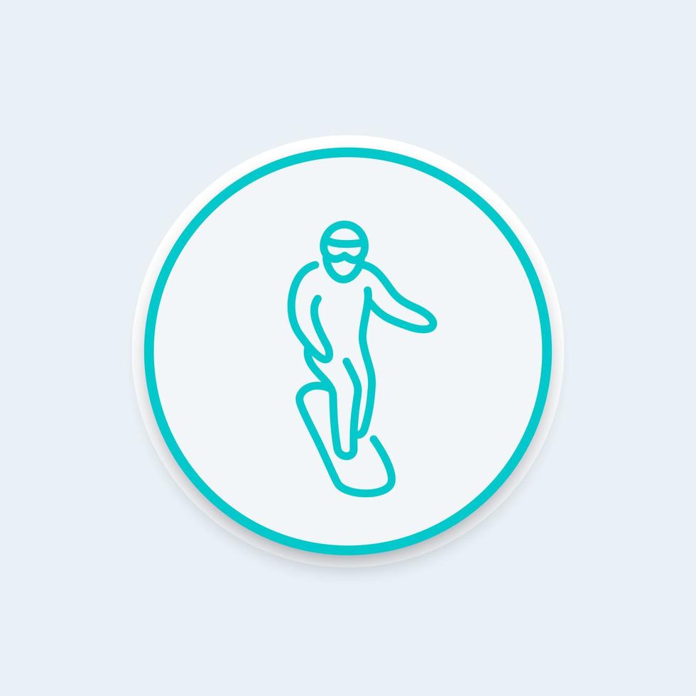 snowboarding icon, man on snowboard pictogram, round line icon, vector illustration