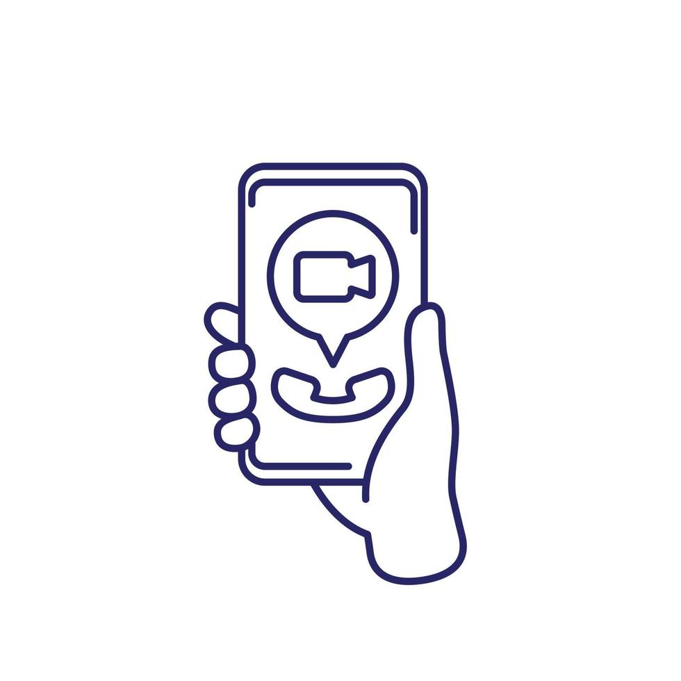 incoming video call line icon, phone in hand vector