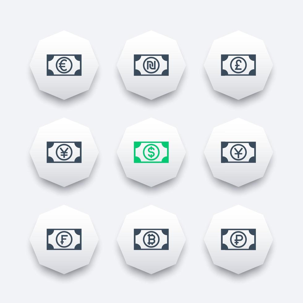 currencies icons set, euro, pound, dollar, franc, ruble, yen, yuan, shekel pictograms on octagon shapes vector