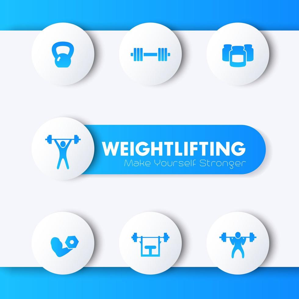 Weightlifting training icons set, blue pictograms, vector illustration