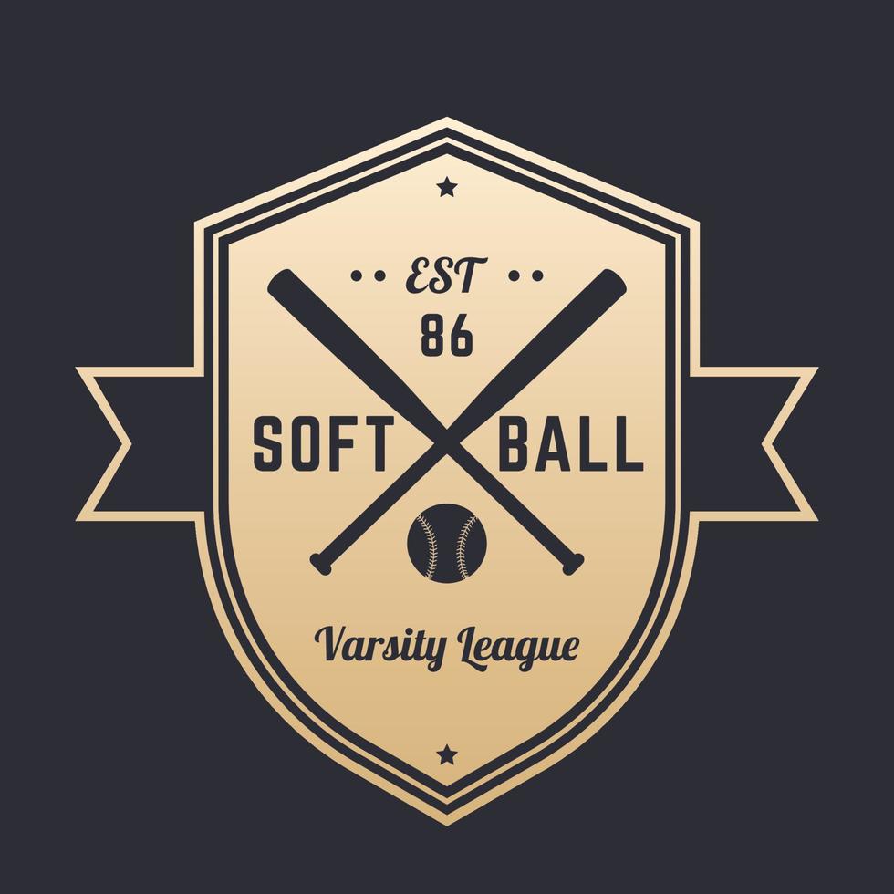 logotipo vintage de softbol, placa, diseño de emblema con murciélagos cruzados, oro en la oscuridad, ilustración vectorial vector