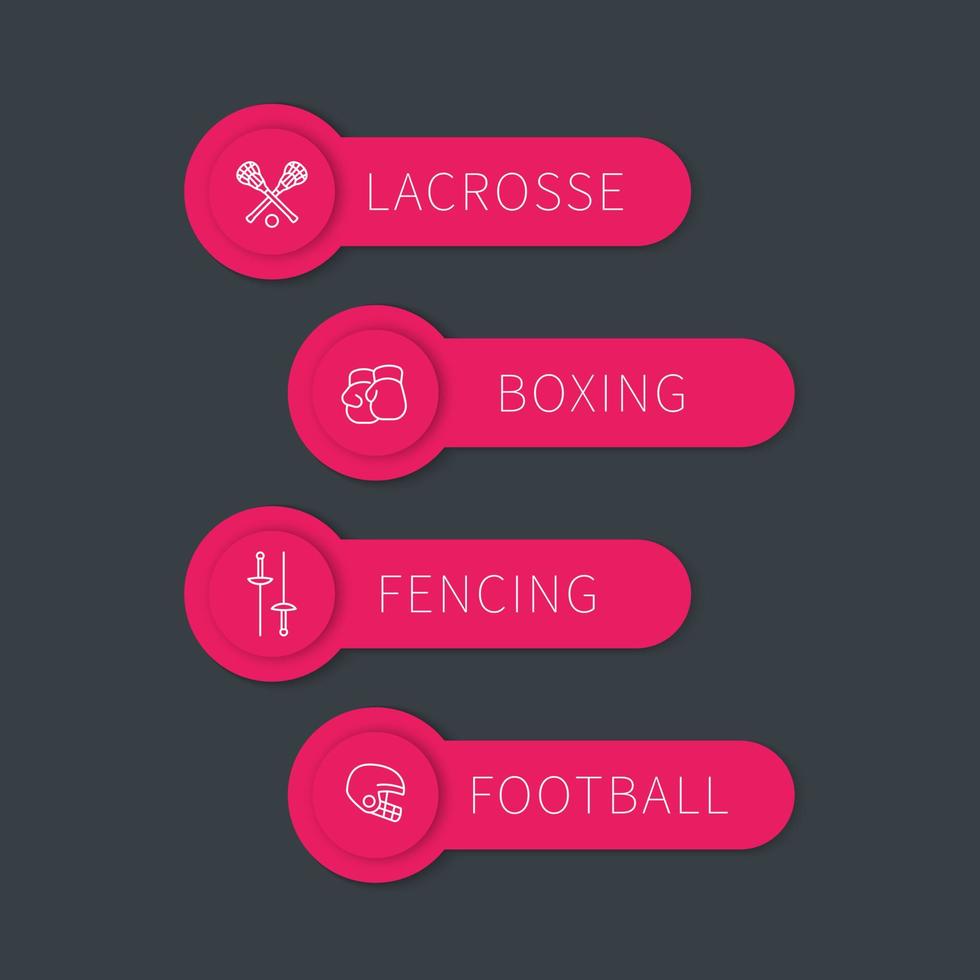 Boxing, fencing, lacrosse, football labels, banners with linear icons, vector illustration