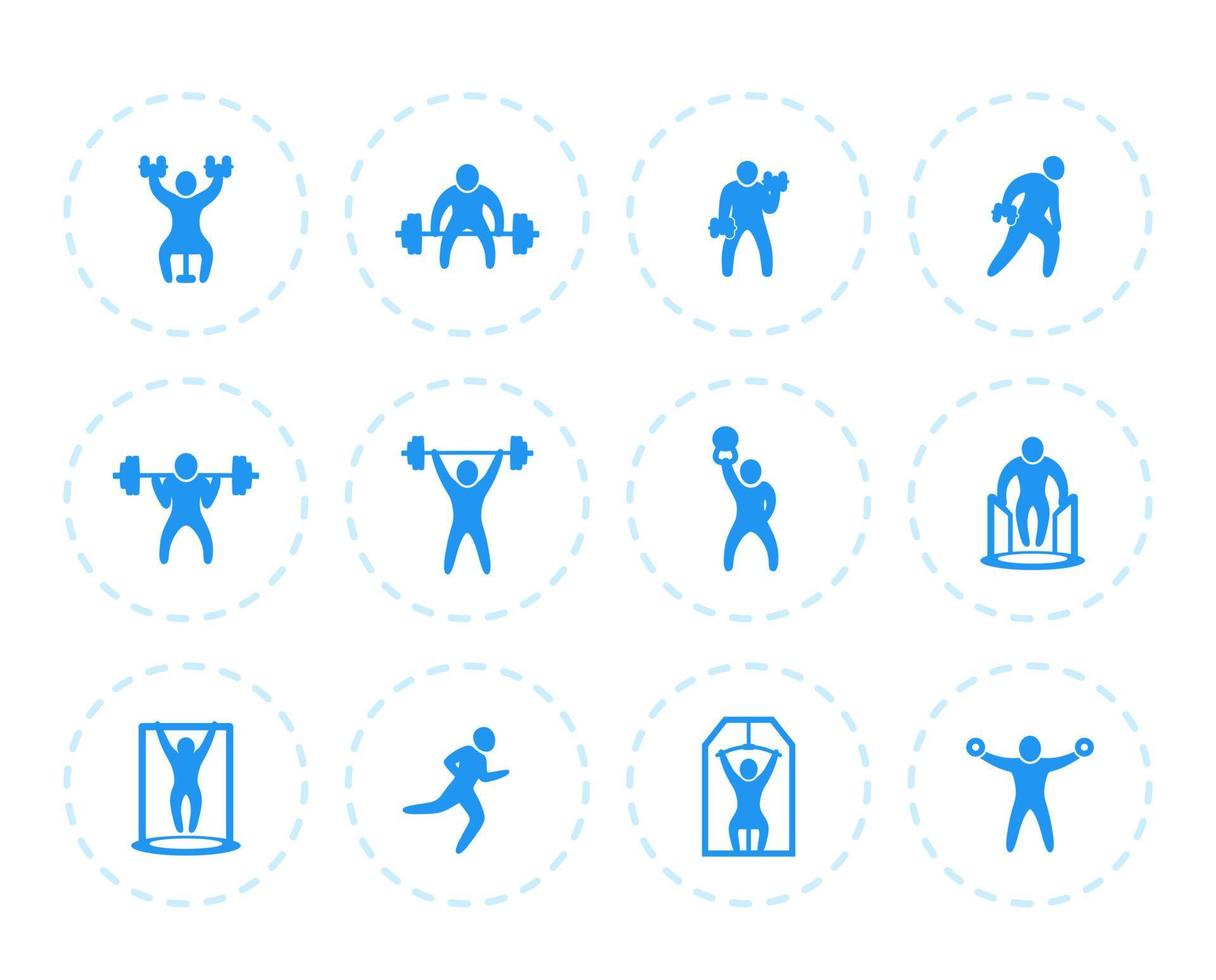 Gym, fitness exercises icons on white, workout, training, weightlifting vector pictograms