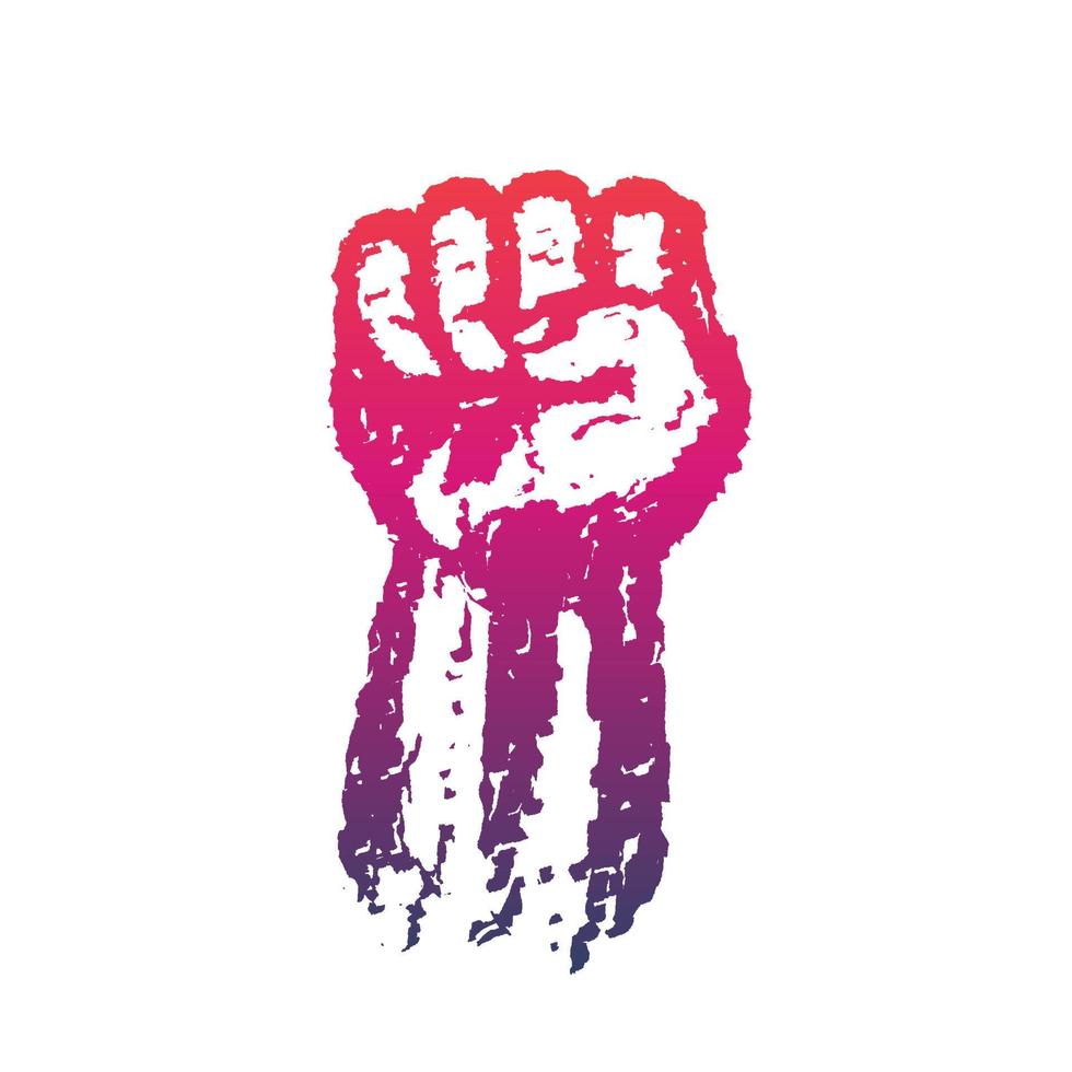 Fist held high in protest, raised up, grunge revolt sign vector