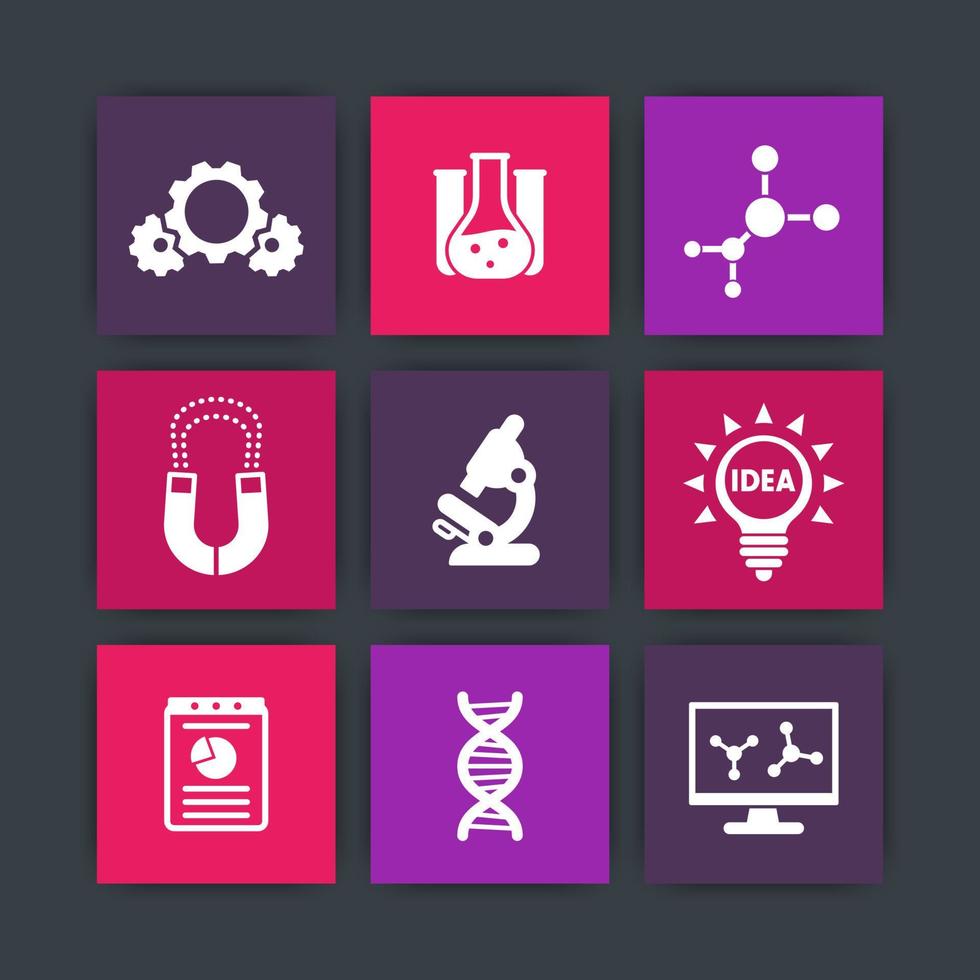 Science, laboratory study icons set, research, microscope, dna chain, lab glass, molecule pictograms vector