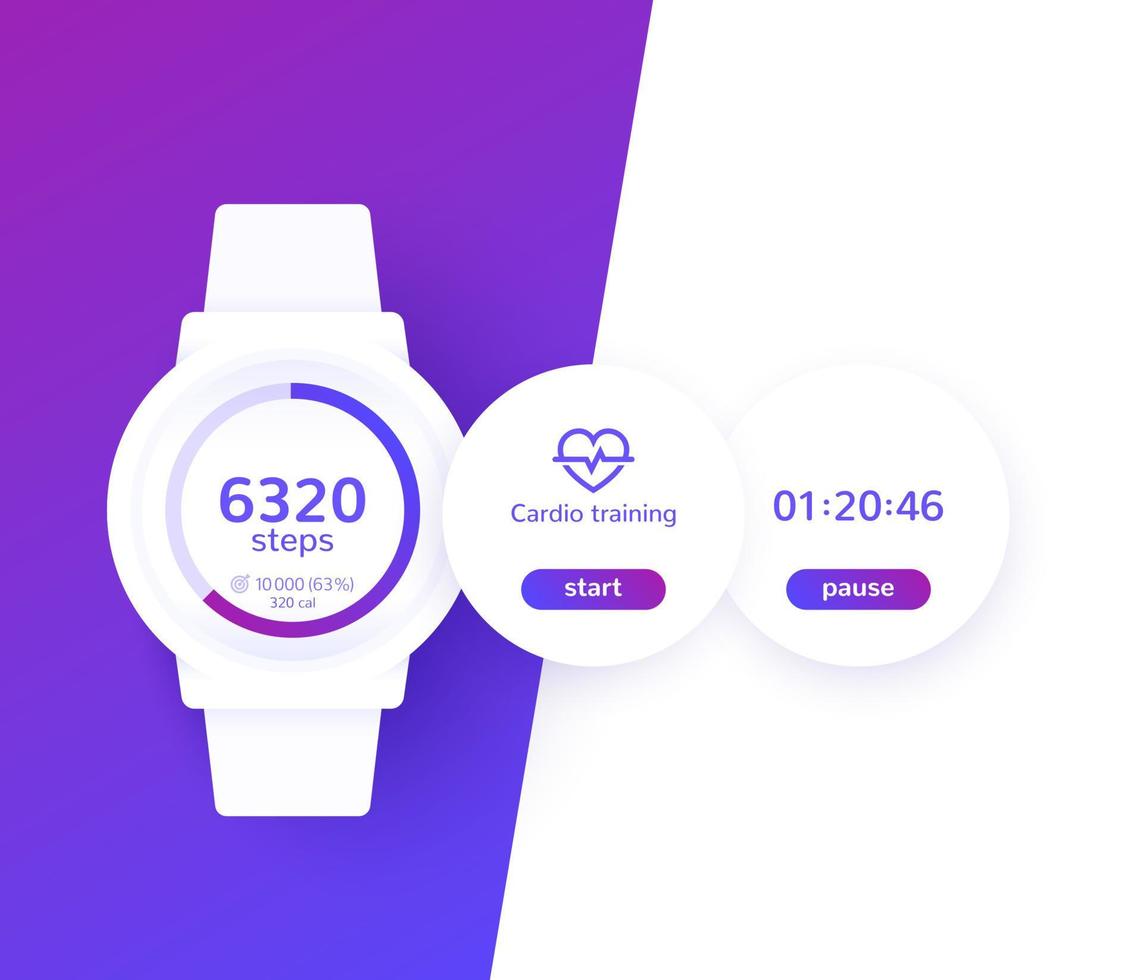 reloj inteligente con aplicación de fitness, rastreador de actividad, temporizador y contador de pasos, diseño de interfaz de usuario vector