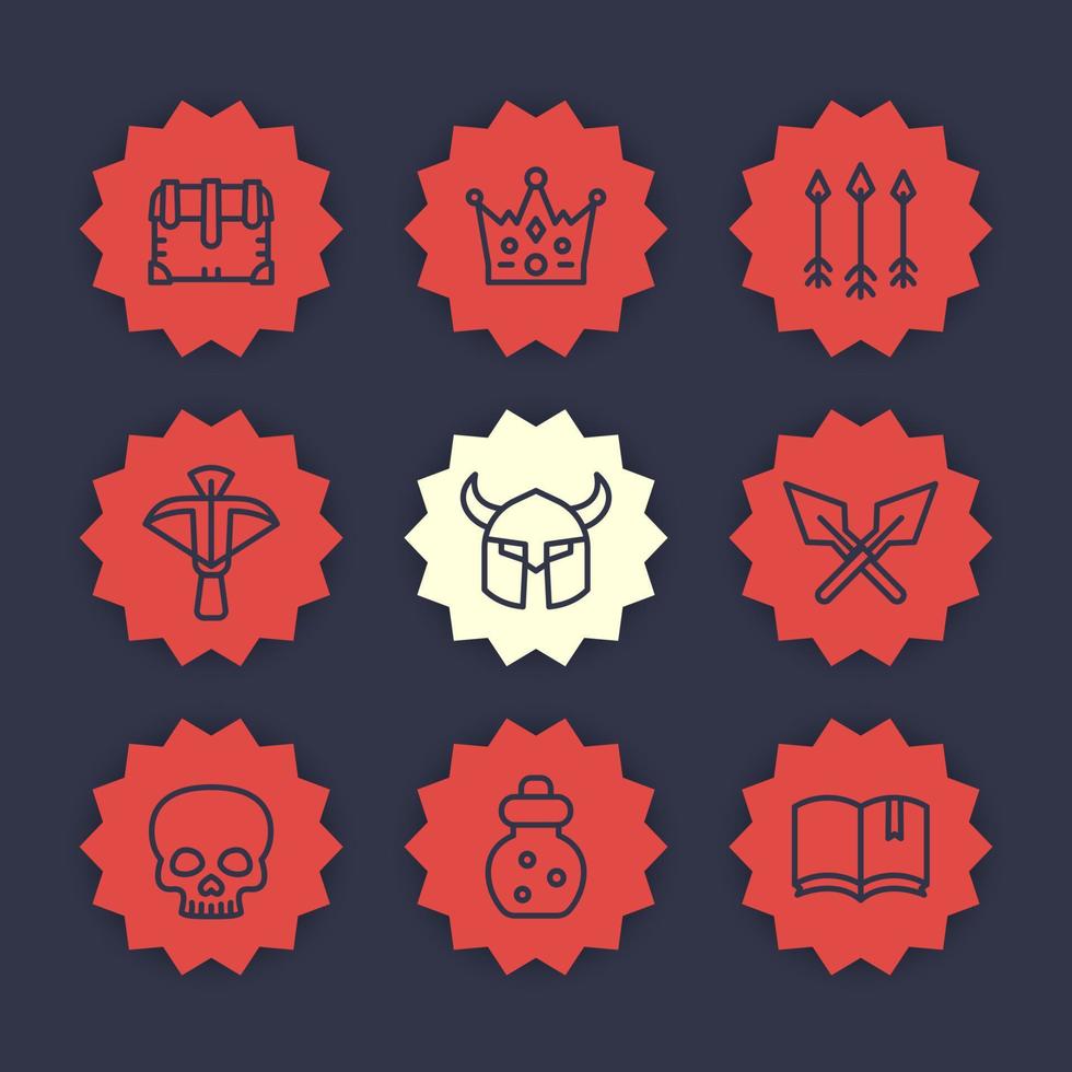 Game line icons set 2, RPG, crossbow, chest, arrows, crown, potion, medieval, fantasy items vector