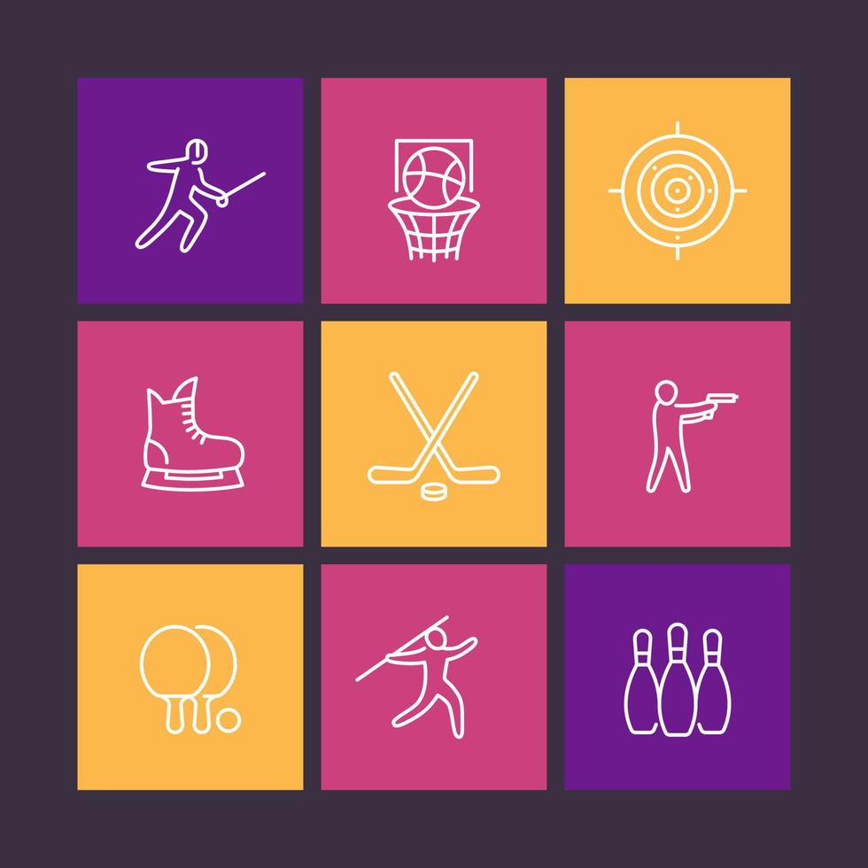 deportes, juegos, iconos de línea de deportes de equipo en cuadrados de color, ilustración vectorial vector