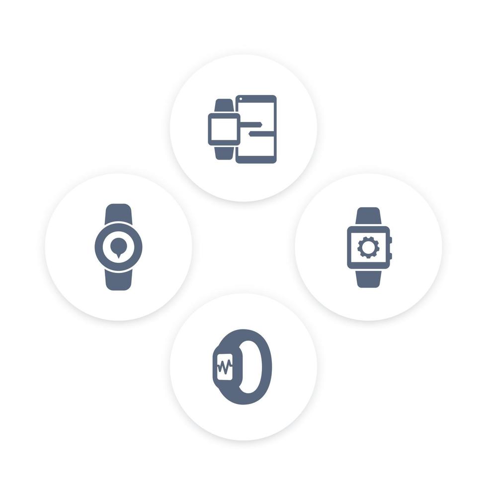 Smart watch icons, smartwatch vector sign, fitness tracker, smart watch data synchronization, wearable technology, vector illustration