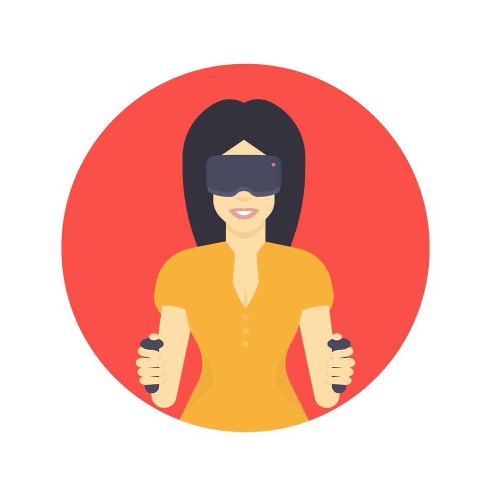 girl in vr headset, virtual reality glasses, flat style female character, smiling long-haired girl vector