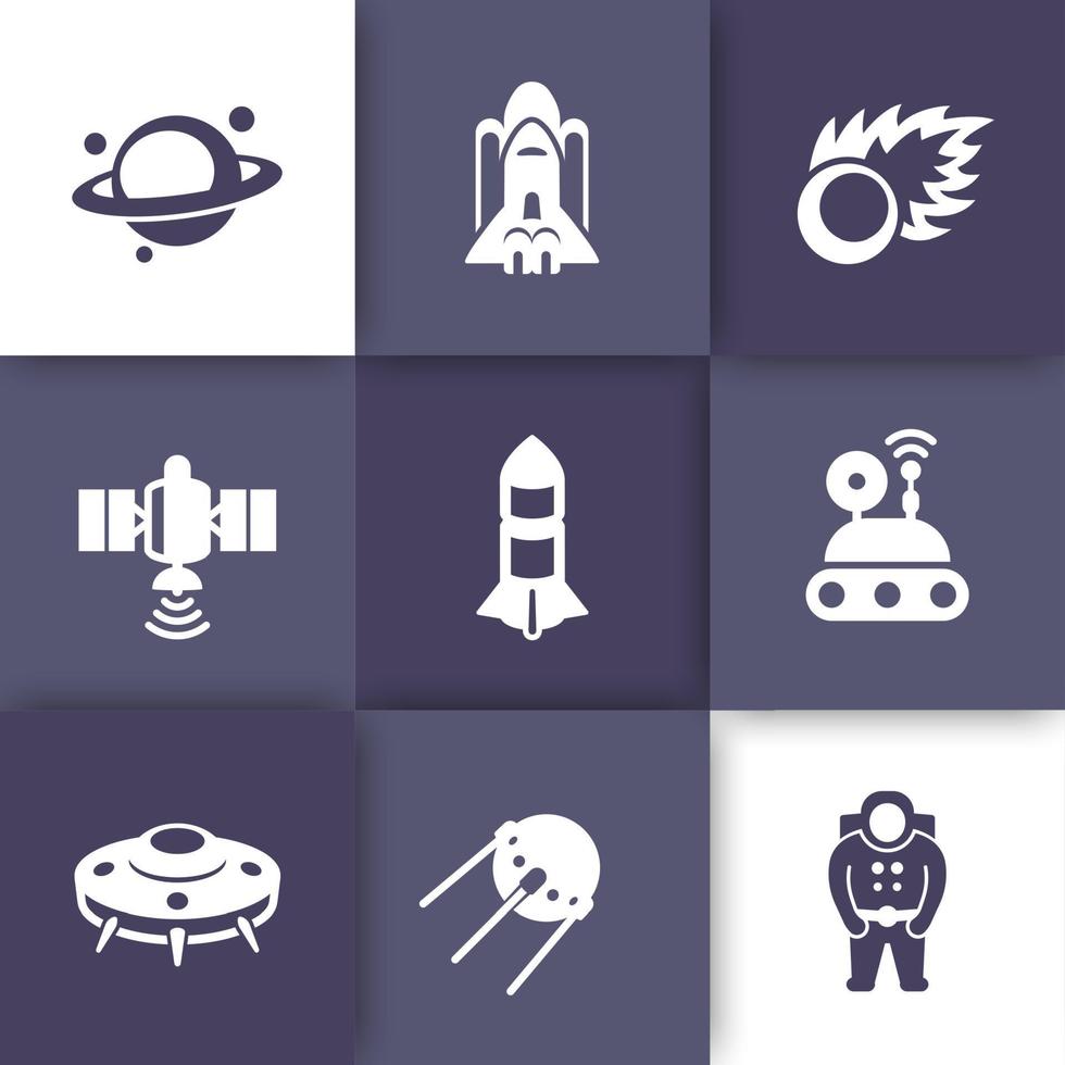 Space icons set, planet with asteroid belt, comet, astronaut, UFO, satellite, space probe, shuttle, rocket vector