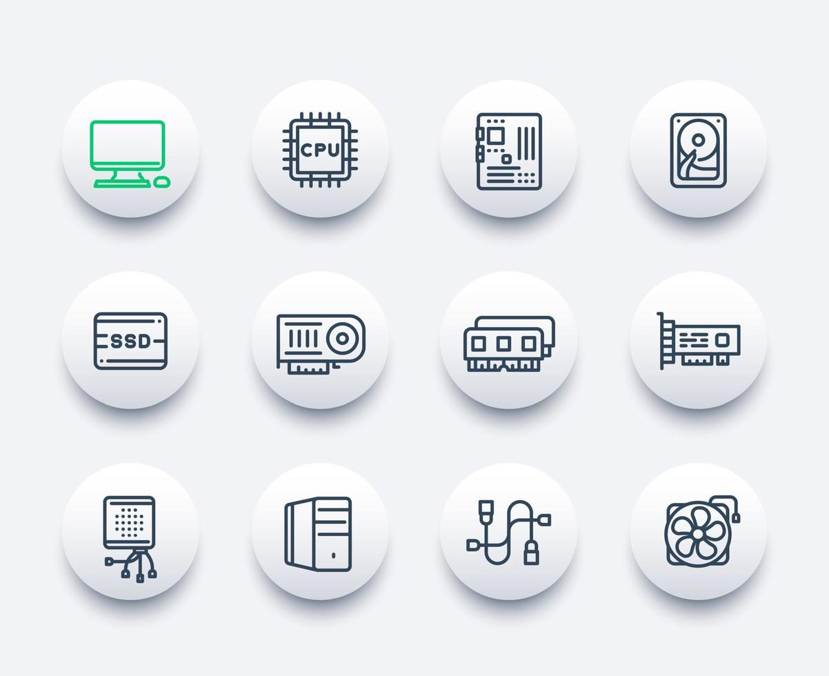 computer components icons, motherboard, CPU, RAM, video card, HDD, SSD, fan, linear style vector