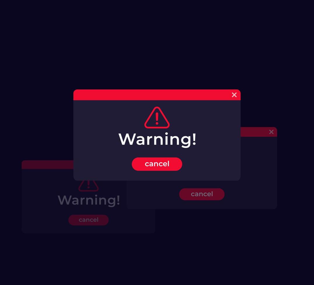 advertencia, ventanas de error, diseño vectorial, modo oscuro vector