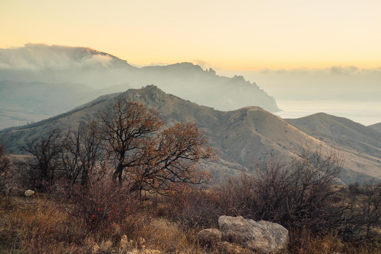 Foggy morning in the Crimean mountains. Beautiful sunrise. photo