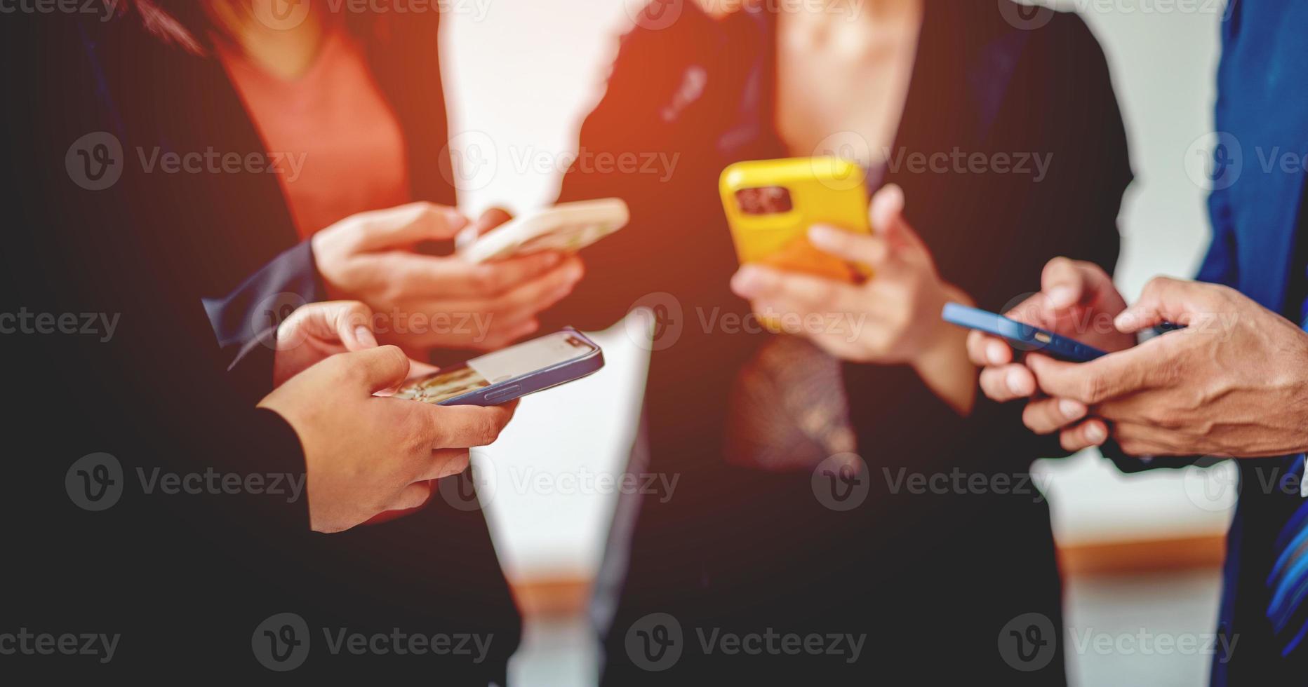 communication group of business people working as a team Use your smart phone . Global business and digital marketing internet connection application technology. Finance and Banking digital photo
