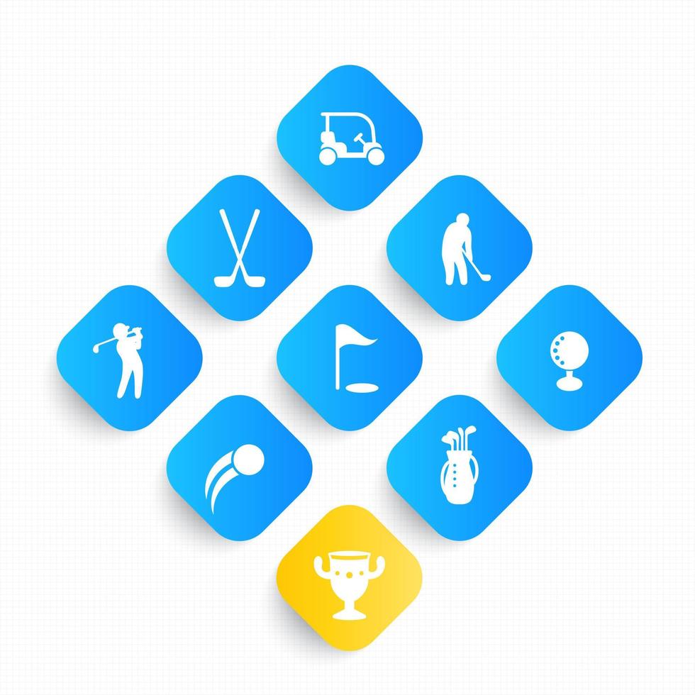 juego de iconos de golf, golfista, jugador, bolsa de golf, palos vector