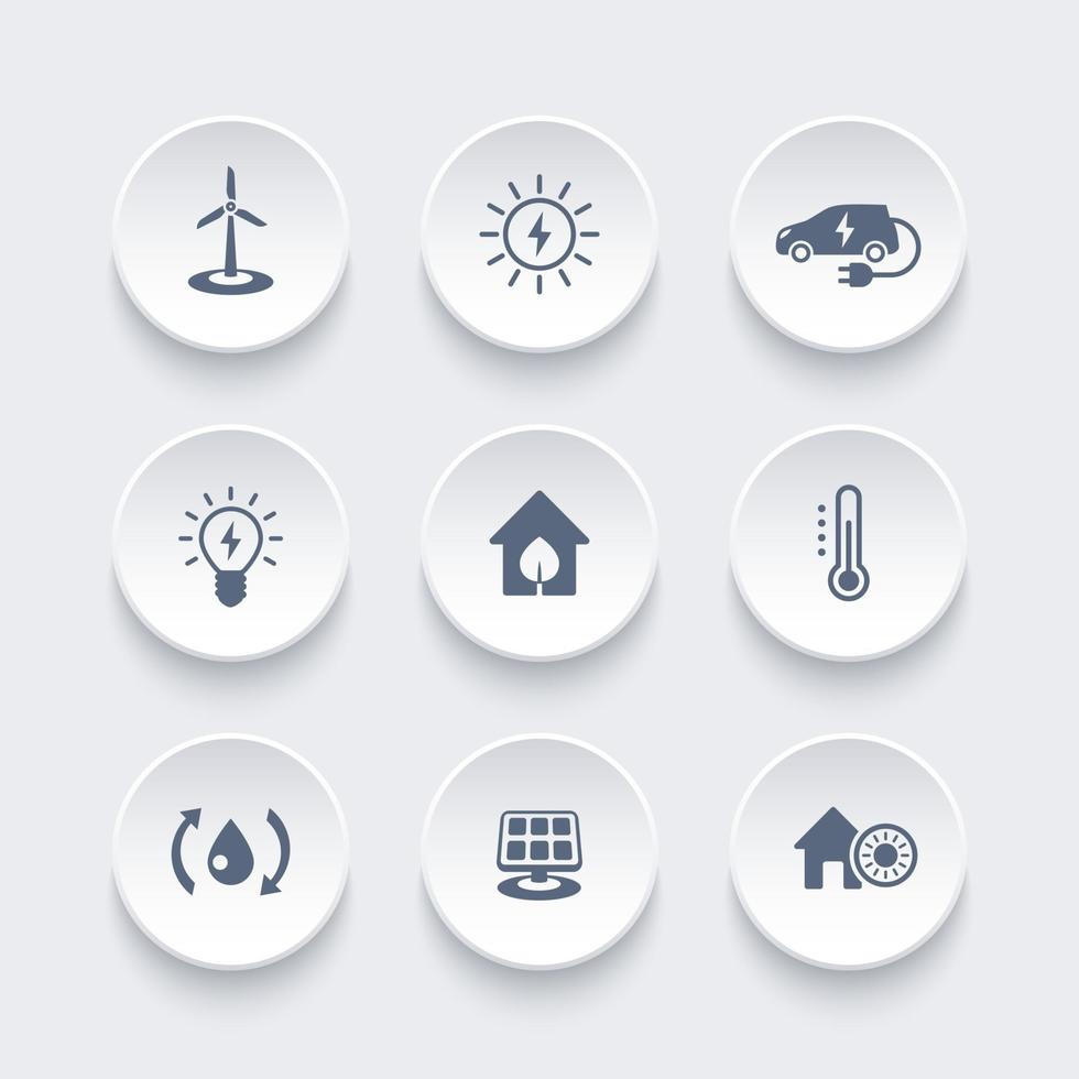 Green ecologic house, energy saving technologies icons on round 3d shapes, vector illustration