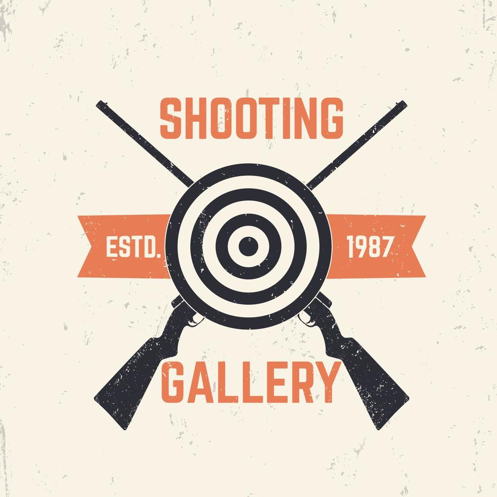 Shooting gallery logo with crossed rifles, vintage sign with hunting rifles and target, vector illustration