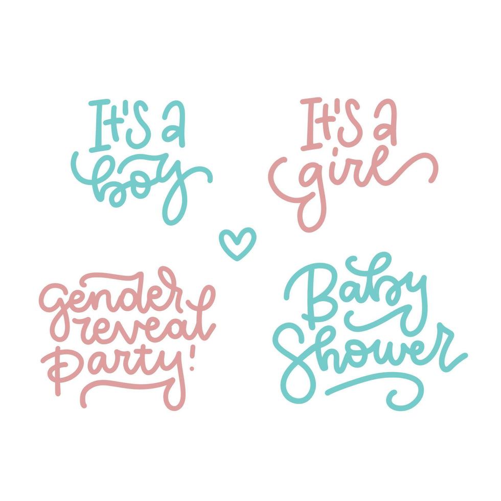 Set of hand written lettering texts - It's a girl, it's a boy, Baby shower, gender reveal party. Typographic quotes for posters and cards. Baby arrival and shower collection. Vector illustration.