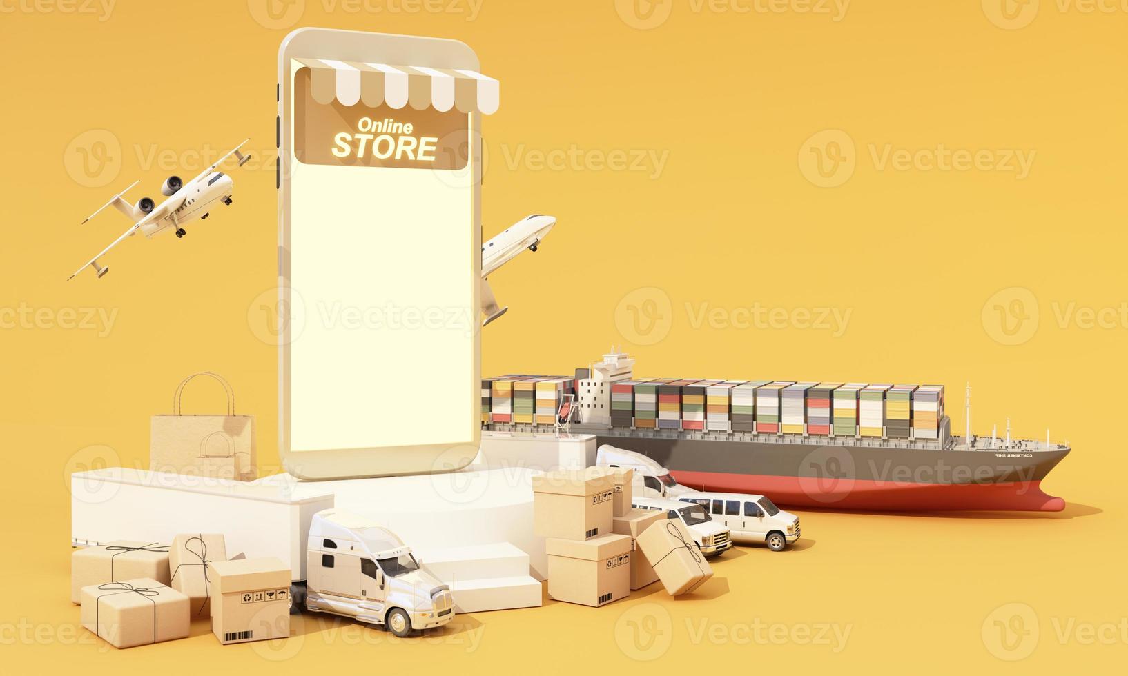 international transport shipping concept with phone  screen surrounded by cardboard boxes, a cargo container ship, a flying plane, a van and a truck isolated on yellow background 3D rendering photo