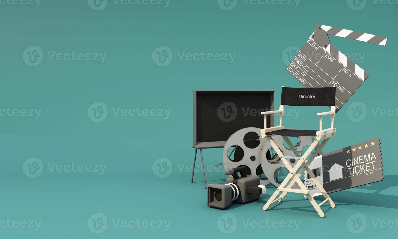 concept film producer This includes the director's chair, film reels, monitors, cinematographers, movie tickets and filmmaking equipment, and a discrete clapperboard on background. 3d render photo